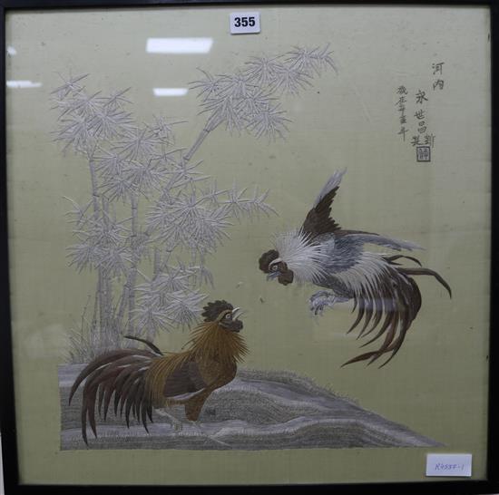 A Japanese embroidered silk picture of cockerels 20.5 x 20.5in.